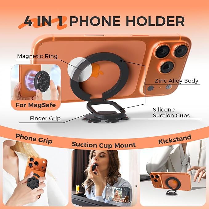 4 in 1 Sticky Phone Grip Holder for Magsafe,Double Sided/Suction Cup Case Mount,Magnetic Phone Stand for iPhone 17/16/15/14/13/12 Pro Max,Vacuum Ring Holder for Kindle/Android/Tiktok Content Creator