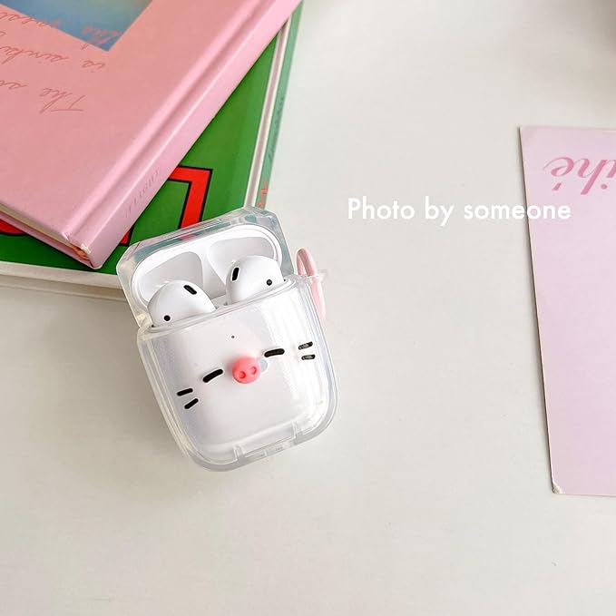 Transparent Clear Earphone Case for AirPods 4, Cute Lovely Cat Face Soft TPU Silicone Case, Kitty Ear AirPods 4 Cover Protective Skin Shockproof Protector for iPod Earbuds -Piggy