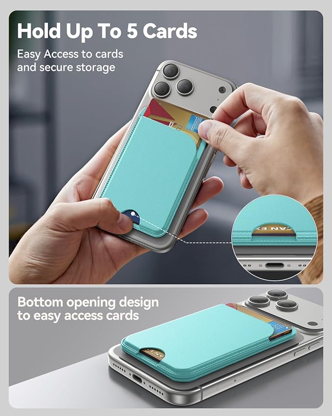 for MagSafe Wallet, 5 Cards Holder with Stand, Magnetic Phone Wallet Stand for iPhone 17/16/15/14/13/12 Pro Max Air Plus Series, RFID Blocking Vegan Leather,Cyan Blue