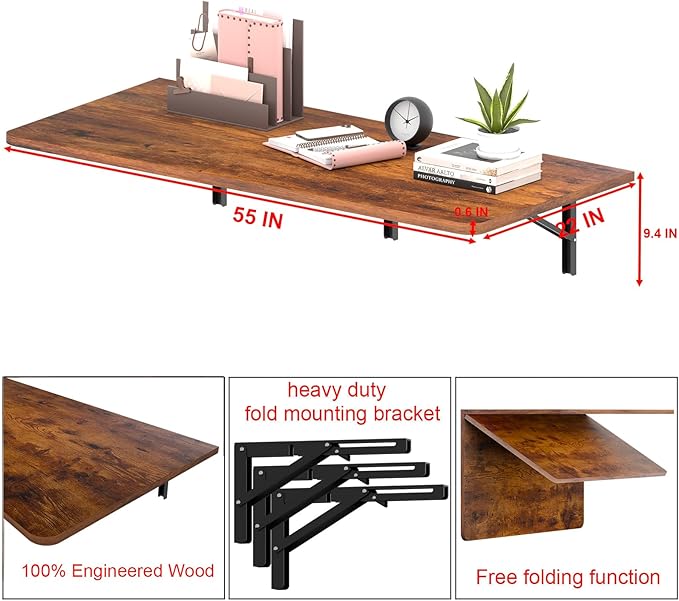 IAE 55" x 22" Floating Foldable Desk,Wall-Mounted Folding Computer Table with Engineered Wood,Study Table with Shelf Brackets,Fold Down Shelf,Fold Computer Desk for Small Spaces,Holds 500 lb,Rustic