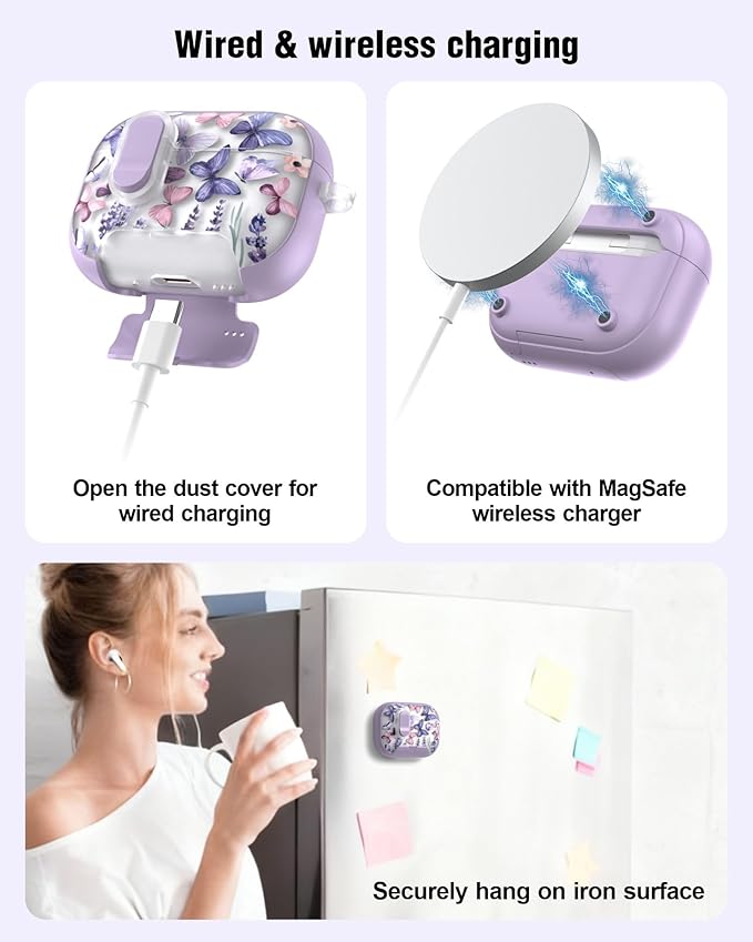 TATOFY for AirPod Pro 3 Case (2025) with Phone Stand Lanyard Lock Cleaning Kit, Compatible with Magsafe, Flowers Hard AirPods Pro 3rd Generation Cover for Women (Butterfly, AirPods Pro 3)