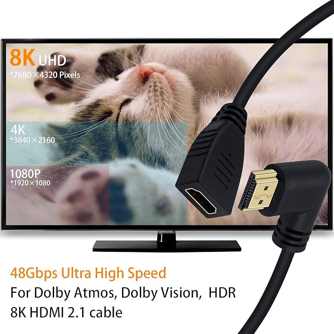 Poyiccot 8K HDMI Extension Cable 2FT, 90 Degree Left Angle Male to Female HDMI 2.1 Cable, 48Gbps High Speed, with 8K@60Hz, 4K@120Hz, HDR, Compatible for Roku TV Stick, HDTV, PS5/PS4