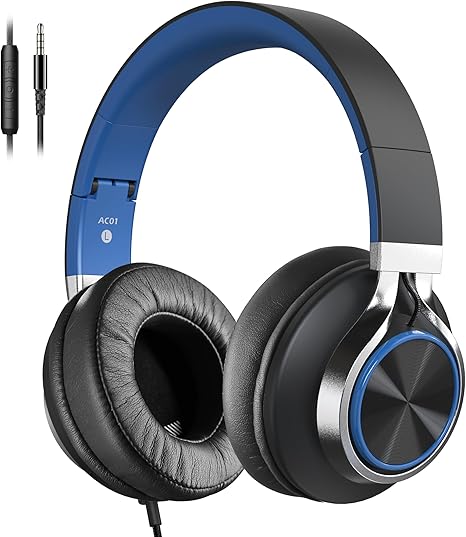 AC01 Over-Ear Headphones Wired with Mic Volume Control, Black Blue