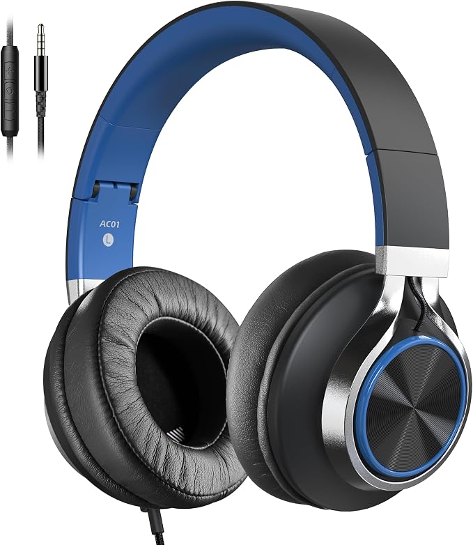 AC01 Over-Ear Headphones Wired with Mic Volume Control, Black Blue