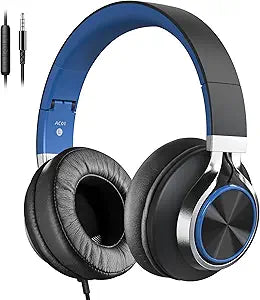 AC01 Over-Ear Headphones Wired with Mic Volume Control, Black Blue