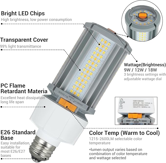 GT-Lite Commercial LED COB Light Bulb,9W/12W/18W, 2600 Lumens, E26 Base, Adjustable Brightness(3000K–5000K), Damp Rated, Energy-Efficient, for Workshop, Warehouse, High Bay E26 Fixtures