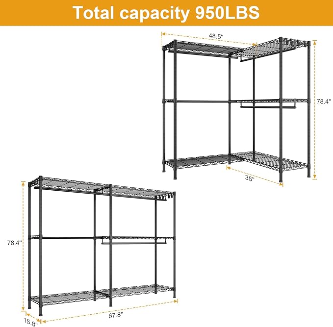 E15 Plus Garment Rack L Shaped Clothes Rack for Corner，Freestanding Clothing Racks for Hanging Clothes，Heavy Duty Closet System with 4 Hanging Rods & 8 S Hooks，48.5" W x 35" D x 78.4" H，Black
