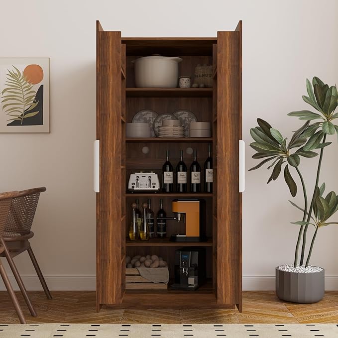 KEIKI 63" Tall Kitchen Pantry Storage Cabinet with Door-Side Rack & Shelves, Freestanding Wood Hutch Food Pantries Cupboard for Coffee Bar, Dining Room