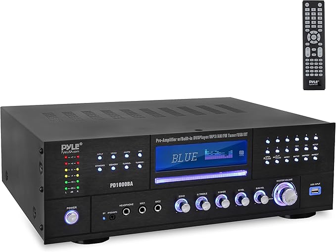 Pyle 4-Channel Wireless Bluetooth Power Amplifier - 1000W Stereo Speaker Home Audio Receiver w/FM Radio, USB, Headphone, 2 Mic w/Echo, Front Loading CD DVD Player, LED, Rack Mount - Pyle PD1000BA.5