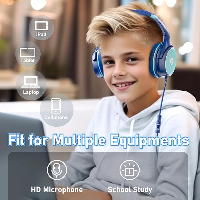 Kids Headphones with Safe 85dB/94dB Volume Limiter for Child/Teens, Foldable HD Stereo Sound Headset for Kindle Kids/fire Tablet/iPad/Laptop, Headphones with Microphone