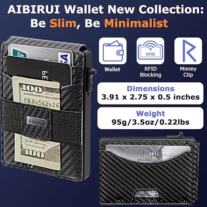 Pop Up Wallet for Men with Money Clip, Slim Minimalist-Business Card Case,Carbon Fiber Slots Credit Card Holder RFID Blocking Bifold Slim Wallet with ID Window(Black Slim Wallet for Men Gift)