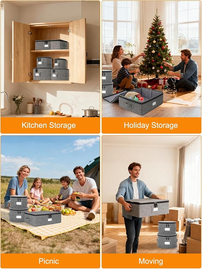 punemi 6-Piece China Storage Containers, Mug & Cup Organizer, Wine Glass Storage Boxes with Dividers & Carry Handles, Structured Moving Boxes for Dinnerware, Glassware, and Stemware,Grey