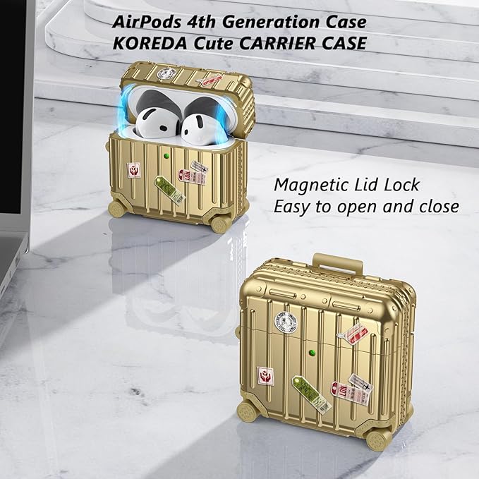 Filoto Compatible with Airpods 4 Case, Cute Fashion Suitcase Design for Airpods 4th Generation Case Cover, Shockproof Protective Hard Case with Keychain/Cleaner Kit (Gold, Airpods 4 Case)