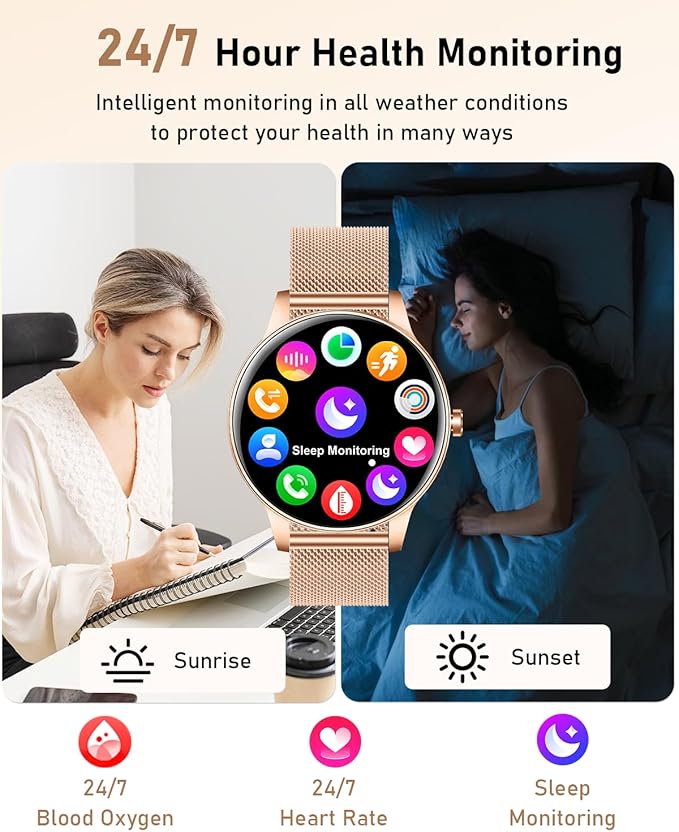 Smart Watch for Women, Answer/Make Call,1.27'' Touchscreen, 120+ Sports Fitness Tracker, 24H Heart Rate/SpO2/Sleep/Menstrual Cycle/IP68 Fitness Watch for Android iOS, 4 Straps (Rose Gold)