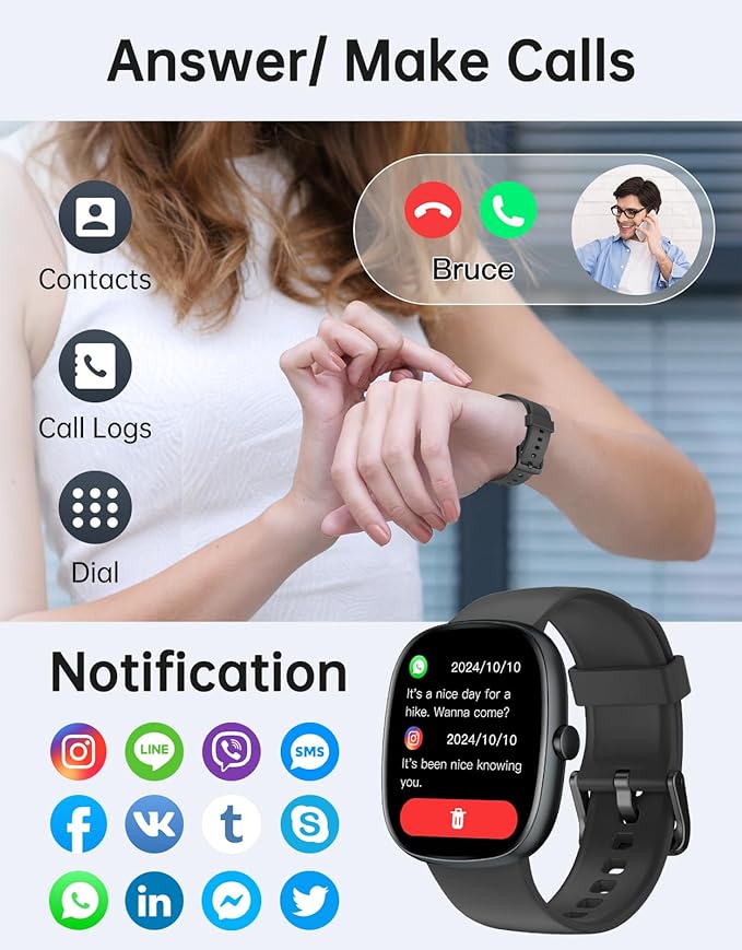 HUAKUA Smart Watches for Women Men Compatible with iPhone/Android Phones Answer/Make Calls, 1,85" HD Fitness Tracker with Heart Rate/Sleep Monitor Pedometer for Walking Running, Waterproof, Black