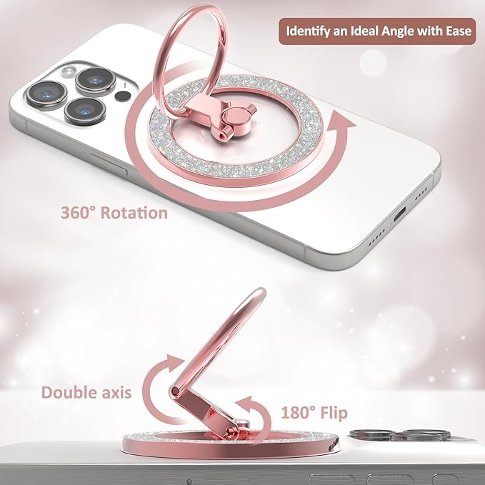 for MagSafe Phone Grip Stand, Magnetic Phone Ring Holder for MagSafe, Magnetic Ring Holder for iPhone. (Glitter Rose Gold)