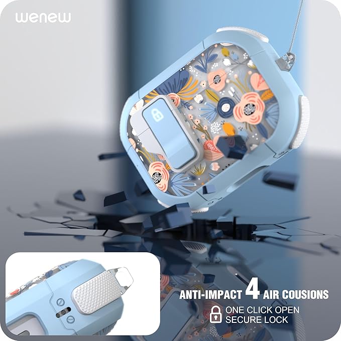 Wenew Case for AirPods Pro & Pro 2 Case Cover Secure Lock Automatic Snap Switch Clip Cleaner Kit Lanyard Women Stylish Armor Full Body Hard Shell Front LED Visible (Blue, AirPods Pro & Pro 2)