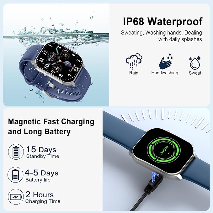 Smart Watch for Men/Women, 2.01" AMOLED Curved Display Fitness Tracker with Answer/Make Calls, 100+ Sport Modes, 24/7 Heart Rate/Sleep Monitor/Pedometer, IP68 Waterproof Watch, for Android iOS Blue