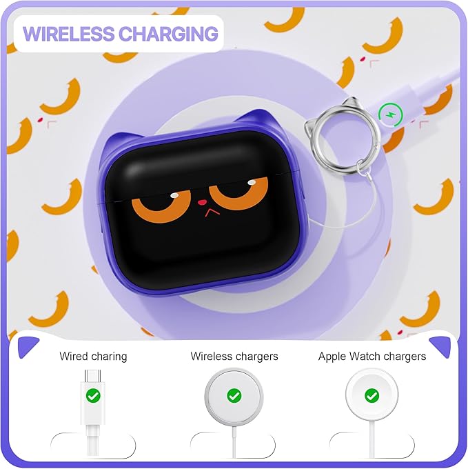 RFUNGUANGO is Compatible with AirPods Pro 3 Protective case, with Mobile Phone Holder Function, Multiple Colors Available, Suitable for AirPods Pro 3 Protective case,Purple + Cartoon Cat Head