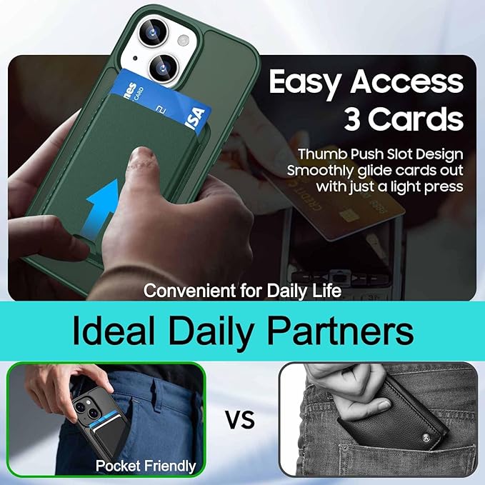 Magnetic for iPhone 14 Case & iPhone 13 Case with Card Holder, Compatible with MagSafe, Slim Shockproof Phone Cover with Detachable Wallet, Built-in Magnet Ring, Green