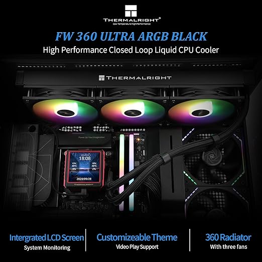 FW 360 Ultra ARGB Black CPU Water Cooler,3 PWM Fans Water Cooling System,IPS LCD Screen with 480x480 Resolution,for AM4/AM5&Intel LGA1700,CPU Liquid Cooler,2.44-inch Display