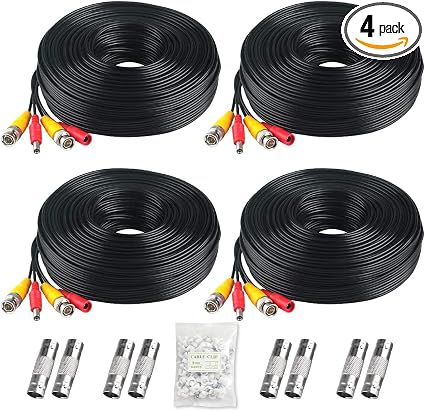 BNC Cable, 200ft 4Pack All-in-One Siamese Video and Power Security Camera Wire Cord with 2 Female Connectors for All Max 5MP HD CCTV DVR Surveillance System