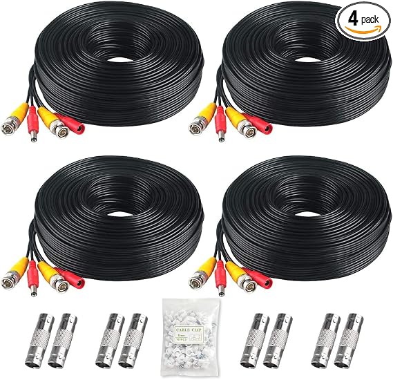 BNC Cable, 200ft 4Pack All-in-One Siamese Video and Power Security Camera Wire Cord with 2 Female Connectors for All Max 5MP HD CCTV DVR Surveillance System