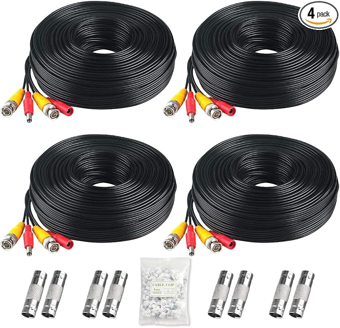 BNC Cable, 200ft 4Pack All-in-One Siamese Video and Power Security Camera Wire Cord with 2 Female Connectors for All Max 5MP HD CCTV DVR Surveillance System