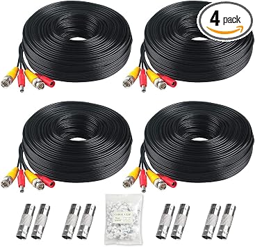 BNC Cable, 200ft 4Pack All-in-One Siamese Video and Power Security Camera Wire Cord with 2 Female Connectors for All Max 5MP HD CCTV DVR Surveillance System