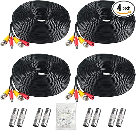 BNC Cable, 200ft 4Pack All-in-One Siamese Video and Power Security Camera Wire Cord with 2 Female Connectors for All Max 5MP HD CCTV DVR Surveillance System