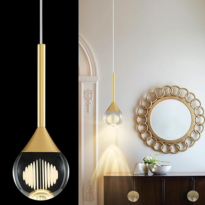 Modern Raindrop Chandelier - Brass Gold Finish Globe Ceiling Hanging Fixture 3 Color Temperature LED Pendant Light with Remote , 4W Teardrop Chandelier for Kitchen Island, Dining Room, Bar (1- light)