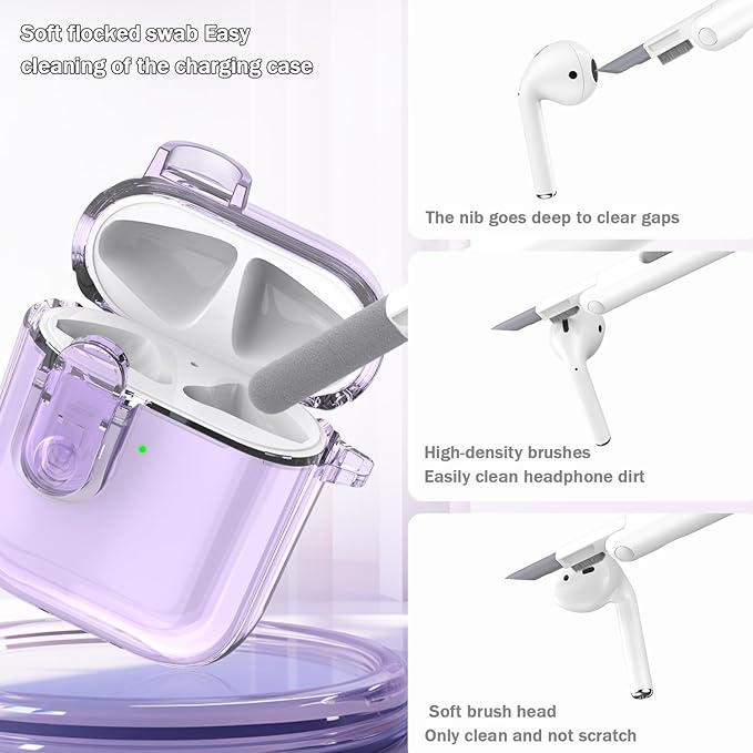for Airpods 2nd Generation Case Cover with Secure Lock, Clear Soft TPU Transparent Military Grade Shockproof Protective Case with Cleaning Pen for Apple Airpods 2nd 2019, Clear Purple