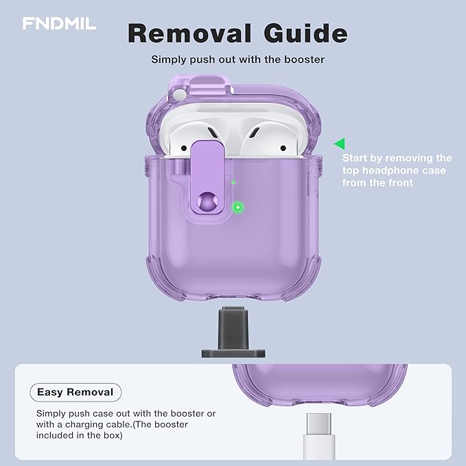 Case for AirPods 1/2 Case Cover with [Lock Safety &Pop Up][Military Shockproof] Anti-Yellow Transparent Soft TPU Wireless Charging for AirPods 1st/2nd Generation Case with Keychain,Clear Purple