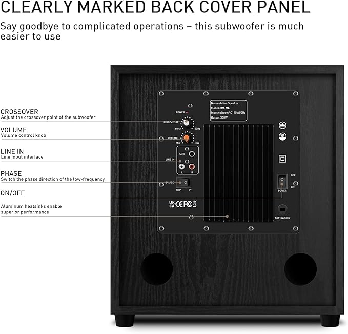 10" Powered Home Subwoofer, 300W RMS, High-Fidelity Bass, MDF Enclosure with Heat Sink