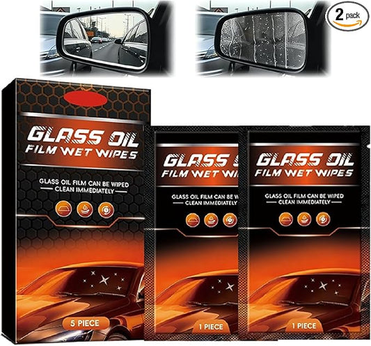 Glass Oil Film Wet Wipes(5PIECE /box)，Glass Oil Film Remover for Car, Easy and Convenient to Use, Can be Wiped Clean Immediately, Improve Car Windshields and Windows Clarity for Safe Driving (2Pcs)