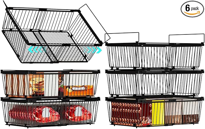 Large Freezer Organizer Bins，Upgraded Bottom Leak-Proof net，6 Pack， Expandable Stackable Chest Freezer Containers with Handle，for Fridge, Deep Freezer, Cabinet, Kitchen, Pantry (Black-6Pack)