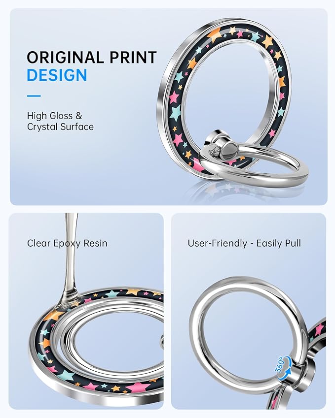 Magnetic Phone Ring Holder Compatible with MagSafe - Cell Phone Grip Magnet Removable Finger Ring Grip Stand Cute Girly Kawaii Design for iPhone 17 Pro Max 16 15 14 13 12 Series Color Stars