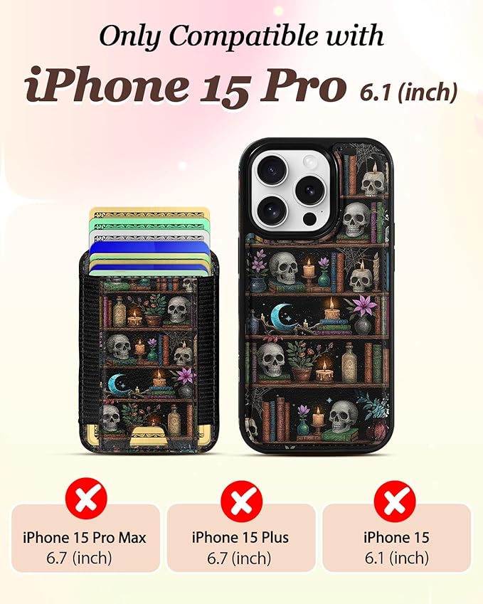 Shorogyt for iPhone 15 Pro Wallet Case - Fits 5 Cards, Compatible with Magsafe Detachable Magnetic Credit Card Holder Leather Cardholder Cute Phone Cover Women Girls for Apple 15Pro, Bookshelf