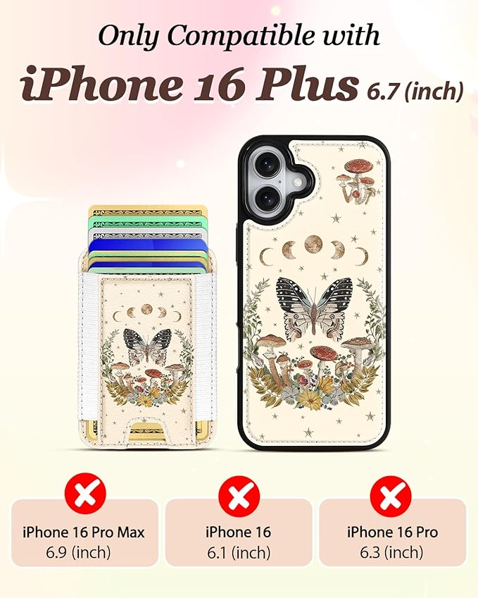 Shorogyt for iPhone 16 Plus Wallet Case - Fits 5 Cards, Compatible with Magsafe Detachable Magnetic Credit Card Holder Leather Cardholder Cute Phone Cover Women Girls for Apple 16Plus, Moon Butterfly