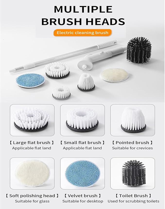 Electric Spin Scrubber, Cordless Bathroom Shower Cleaner, Cleaning Brush with 9 Brush Heads 2H Power Dual Speed, Adjustable & Detachable Long Handle, IPX7 Waterproof for Tub Tile Floor Car