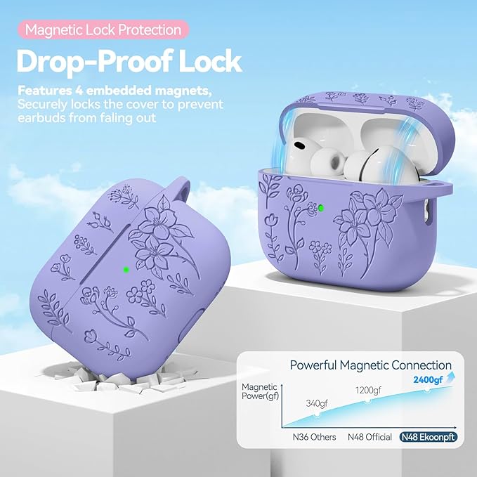 for Airpods Pro 3 Case with Magnetic Lid, Flower Engraved Case Cover Compatible with AirPods Pro 3rd Generation 2025, Soft Silicone Cases with Keychain & Cleaner for Women Girly, Shockproof