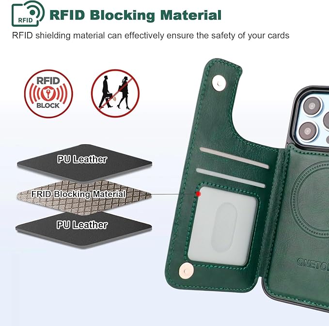 ONETOP Compatible with Magsafe for iPhone 13 Pro Wallet Case with Card Holder, PU Leather Kickstand RFID Blocking Case, Double Magnetic Clasp and Durable Shockproof Cover 6.1 Inch (Green)