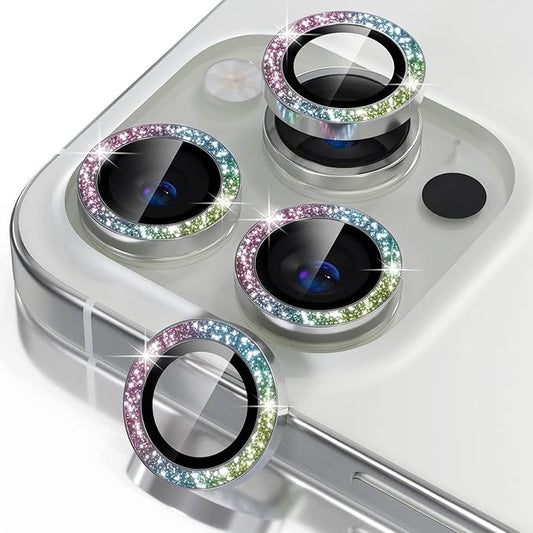 Misea Compatible for iPhone 16 Pro/iPhone 16 Pro Max Camera Lens Protector Bling, 9H Tempered Glass Camera Cover Screen Protector Metal Individual Ring Protector Decoration, Colorful Glitter