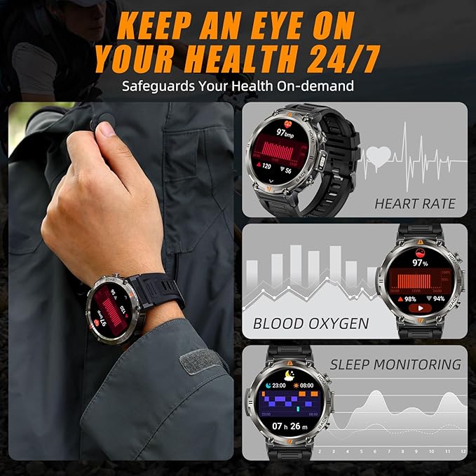 Military Smart Watches for Men Built-in GPS with LED Flashlight Compass, 3ATM Waterproof Rugged Tactical Smartwatch with Text and Call, 1.45" HD Fitness Tracker with HR SPO2 Monitor for iPhone Android