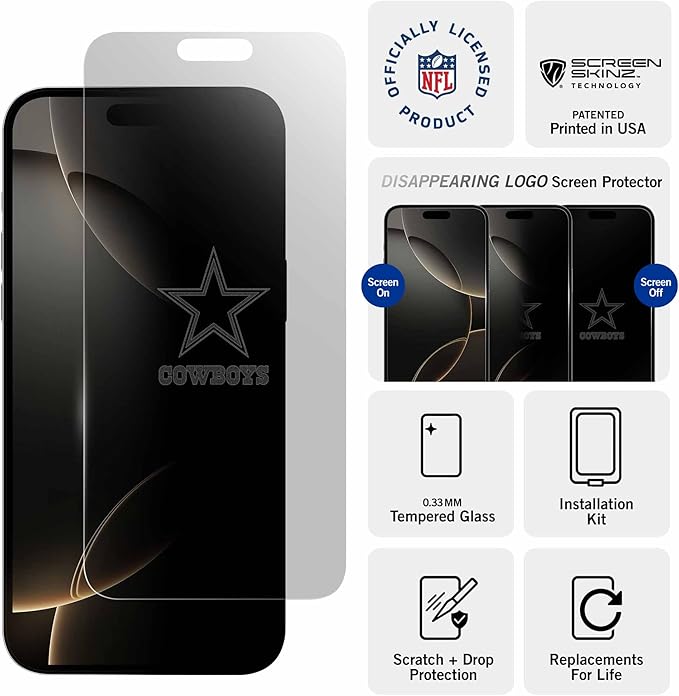NFL Dallas Cowboys Clear Screen Protector for iPhone 14 Pro - with Disappearing Logo - Scratch-Resistant and Easy-to-Install Screen Protectors (Includes Installation Tray)