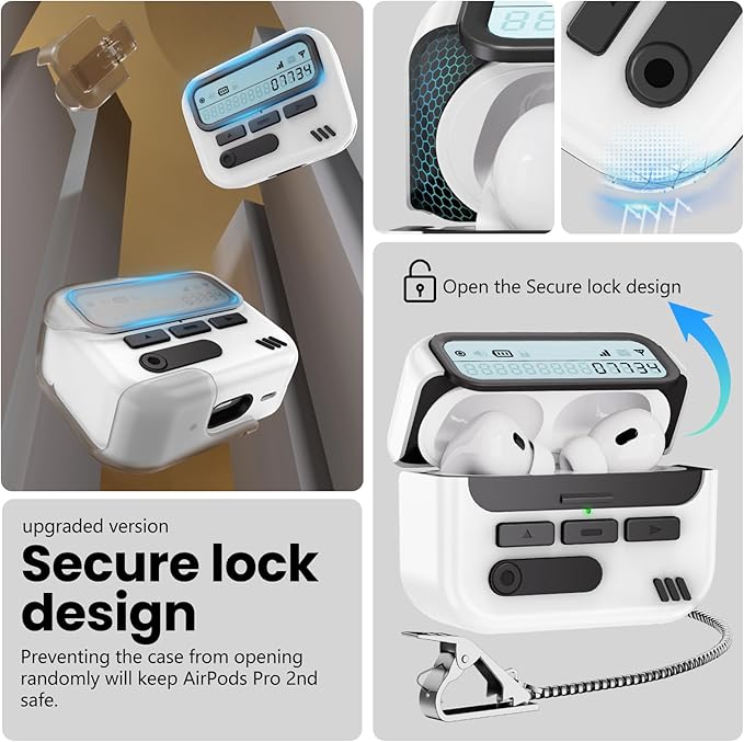 (with Safety Lock) Pager Cases Compatible with AirPods Pro 2nd Generation Case Cover with Cleaner Kit,Hard TPU Full Protection for AirPods Pro 2 Charging Case(USB-C)(2023/2022/2019) for Men-White