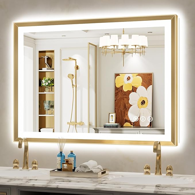44x32 Gold Framed LED Bathroom Mirror with Lights, Backlit and Front Light, Lighted Bathroom Vanity Mirror for Wall Dimmable Anti-Fog Memory Tempered Glass Horizontal/Vertical