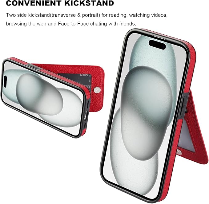 KIHUWEY Compatible with iPhone 15 Case Wallet with Credit Card Holder, Flip Premium Leather Magnetic Clasp Kickstand Heavy Duty Protective Cover for iPhone 15 6.1 Inch (Lichee Red)