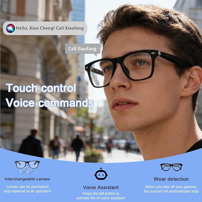 Bluetooth Smart Glasses with Camera for Sports/Cycling/Running, Bone-Conduction Music Glasses, Intelligent Voice Navigation, Anti-Blue Light Glasses（Black