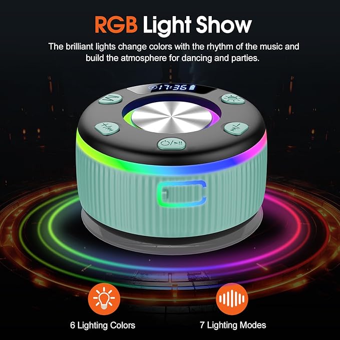 Bluetooth Shower Speaker, Portable Bluetooth 5.3 Speakers Wireless with Time Display, IP7 Waterproof Speakers with RGB Light, Suction Cup, Mini Stereo Speaker for Bathroom Party Beach Outdoor, Green